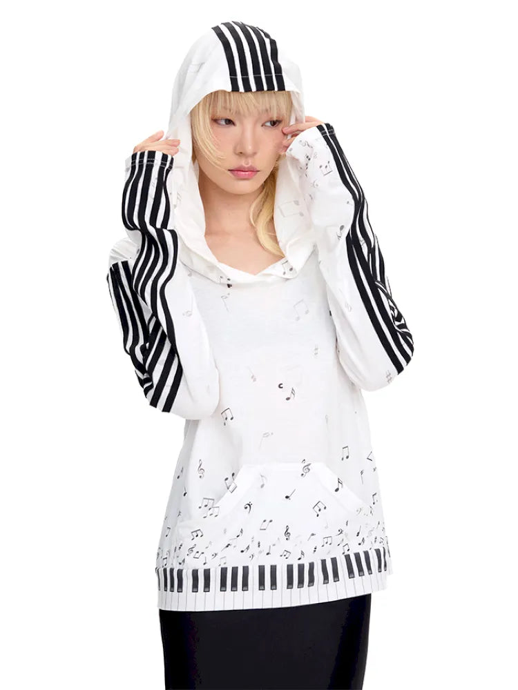 Piano Note Print Pullover Long-Sleeve Sweatshirt【s0000014100】