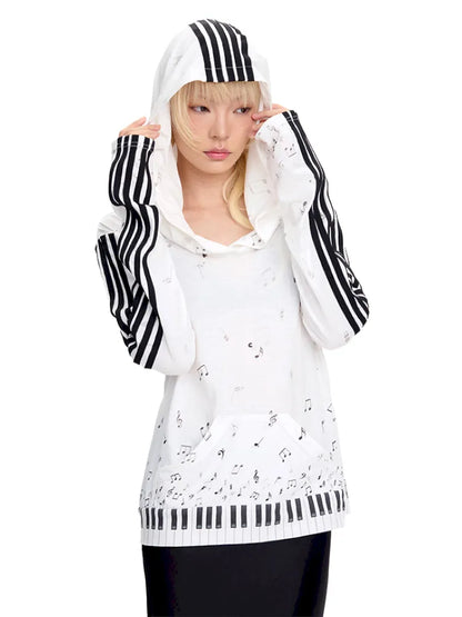 Piano Note Print Pullover Long-Sleeve Sweatshirt【s0000014100】