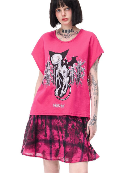 Cat Bone Print Patchwork Top【s0000017718】