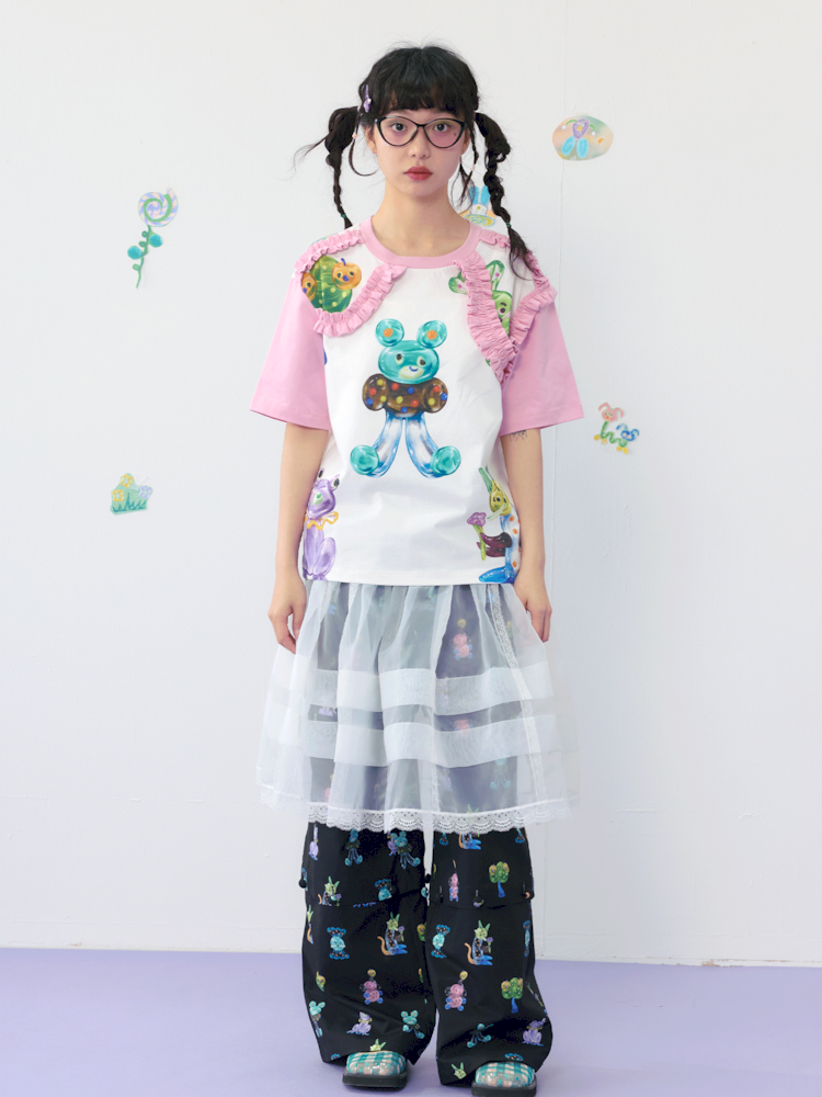 Candy print frilly lace cotton T-shirt【s0000009539】