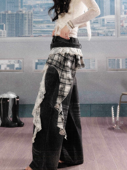 Plaid Ruffled Wide Leg Jeans【s0000016268】