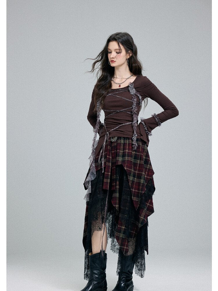 Damaged Plaid Lace Irregular Skirt【s0000016263】
