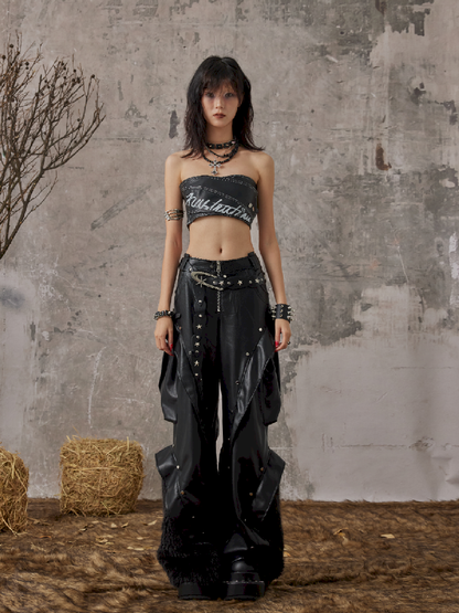 Patchwork FUR Wide-LEG LEATHER PANTS [S0000010964]