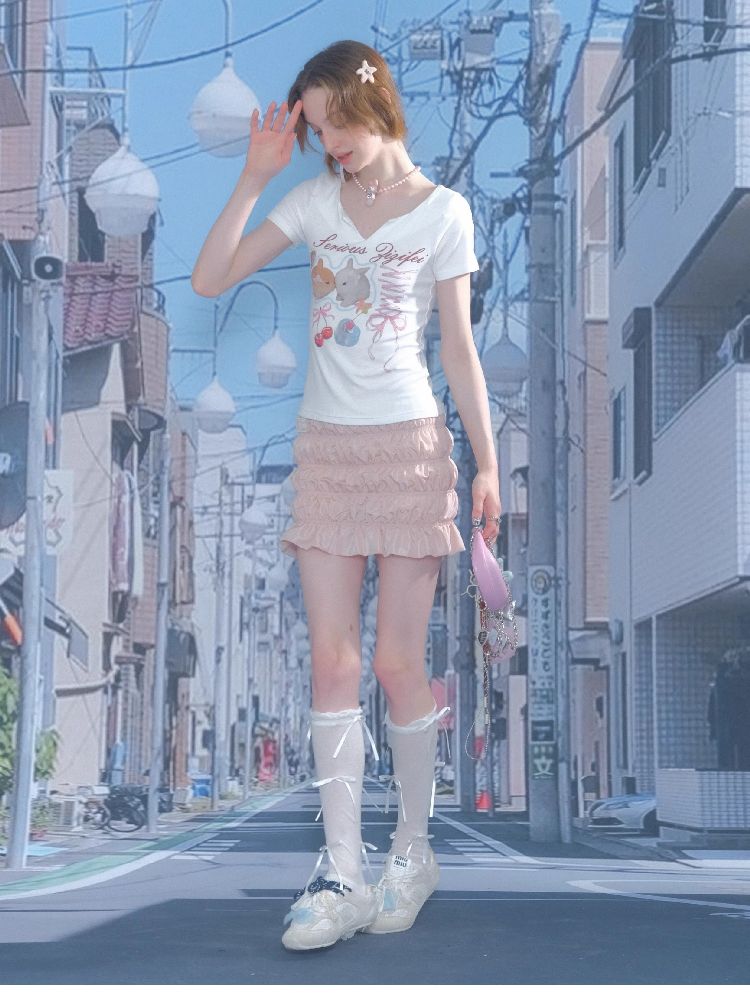 V-neck Rabbit Print Slim Thin Tops【s0000012252】