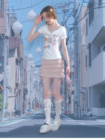 V-neck Rabbit Print Slim Thin Tops【s0000012252】