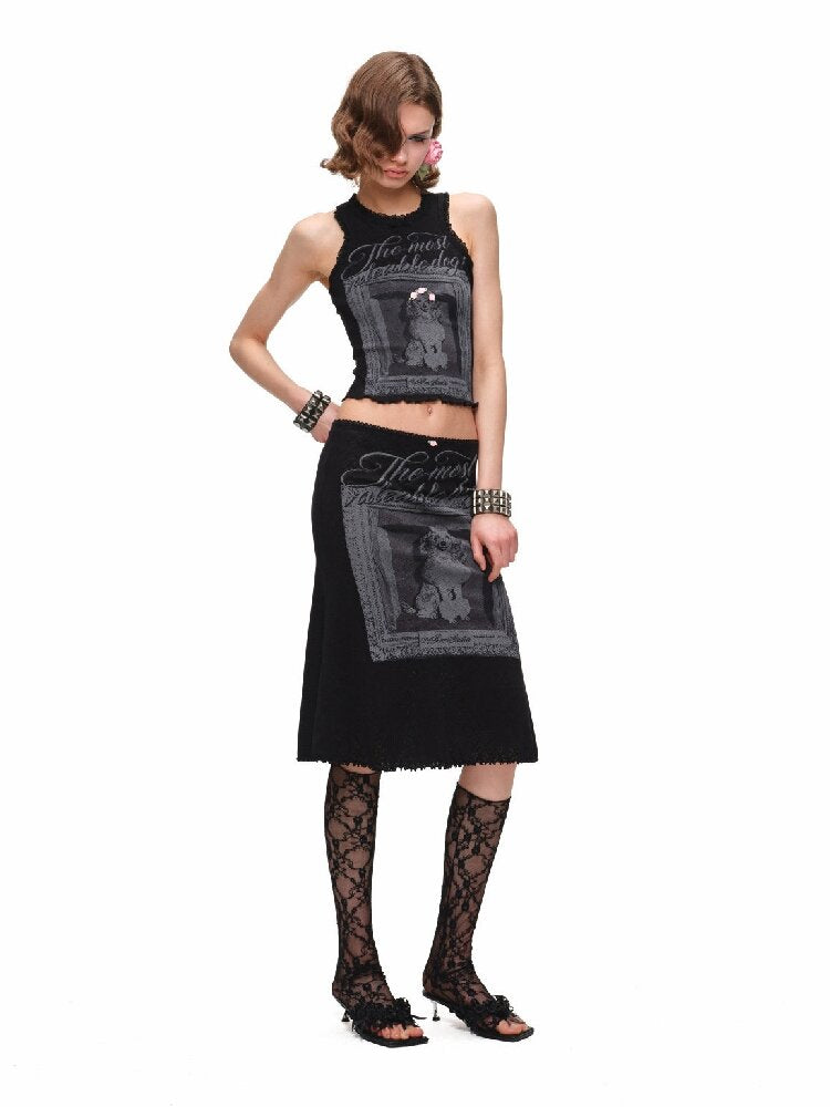 Vintage Dog Print Vest Midi Skirt【s0000016905】