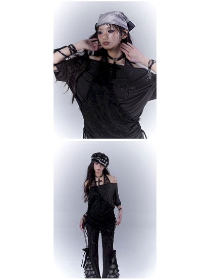 Lazy style rhinestone black T-shirt【s0000012844】