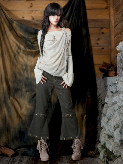 Military Green Cropped Flared Pants【s0000013894】