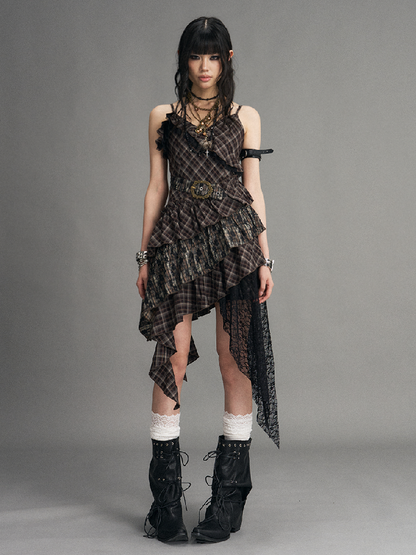 Vintage Patchwork Lace Plaid Dress【s0000017532】
