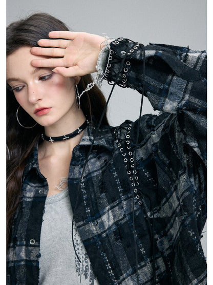 Plaid Strap Torn Long-Sleeved Shirt【s0000016258】
