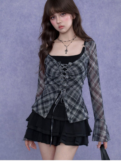 Gray Checkered Tie Wide Neckline Top【s0000017281】