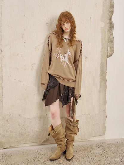 Off-the-shoulder poncho print knit sweater【s0000014063】