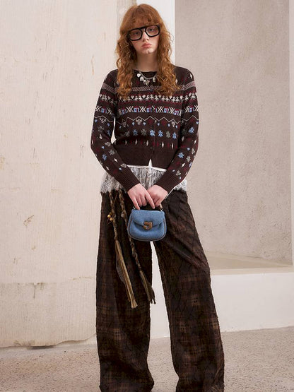 Textured straight leg loose plaid trousers【s0000014384】