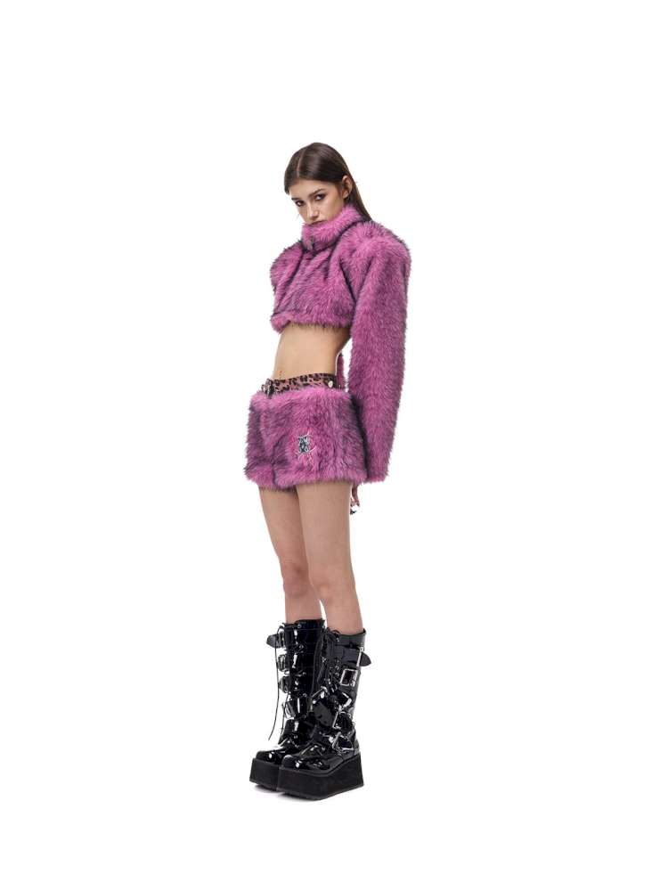 Pink Leopard Furry Miniskirt【s0000015126】