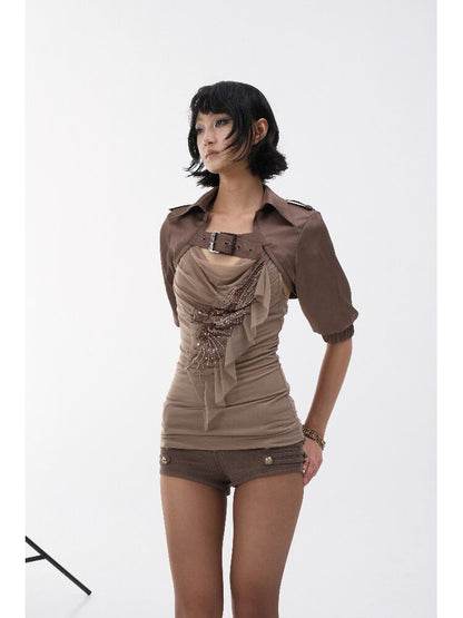 Pleated Embroidered Mesh Camisole Top【s0000018488】