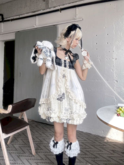 Butterfly Embroidered Lattice Lace Patchwork Antique Doll Dress【s0000008759】