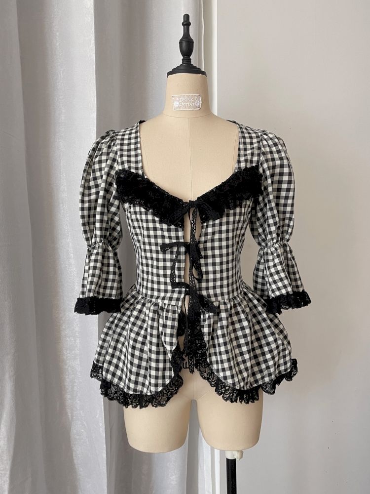 Plaid Lace Tie Bubble Sleeve Rose Set【s0000012437】