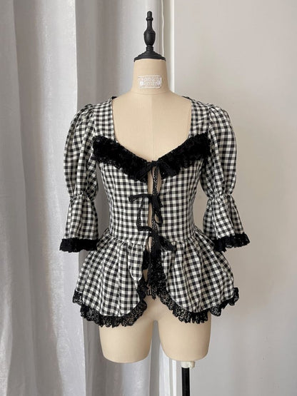 Plaid Lace Tie Bubble Sleeve Rose Set【s0000012437】