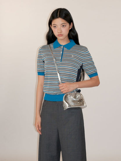 Stripes polo collar short sleeve knit tops【s0000013436】