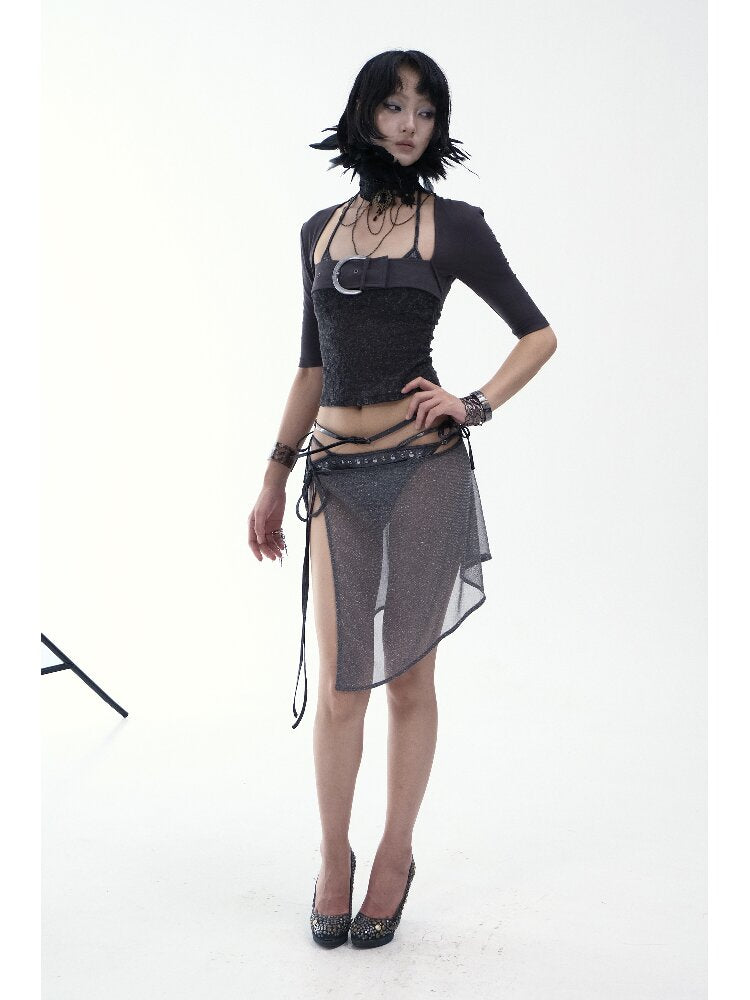 Patchwork Lace Leather Button Top【s0000018478】