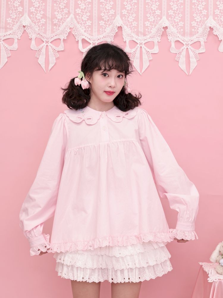 Doll Collar Zipper Neck Pink Lace Blouse【s0000013492】