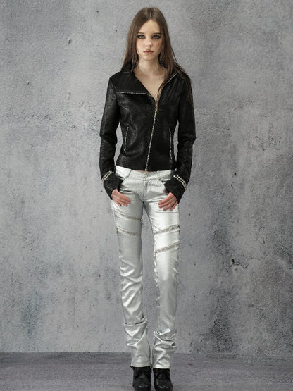Silver Coated Studded Zip Pants【s0000016946】