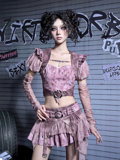 Puff Sleeve Heart-Print Strapless Two-Piece Top【s0000014027】