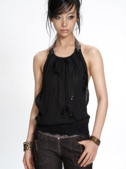 Chiffon Lace Embroidered Halter Top【s0000017659】