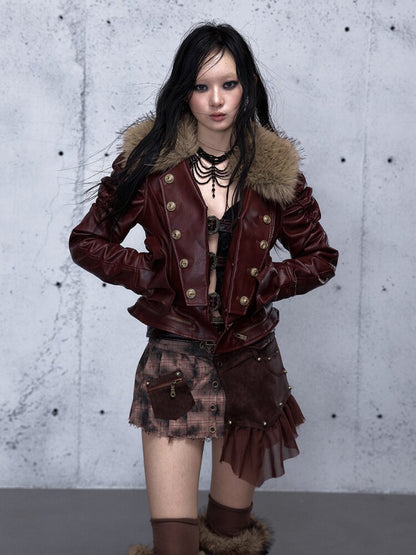 Plaid Stitching Leather Skirt【s0000015546】