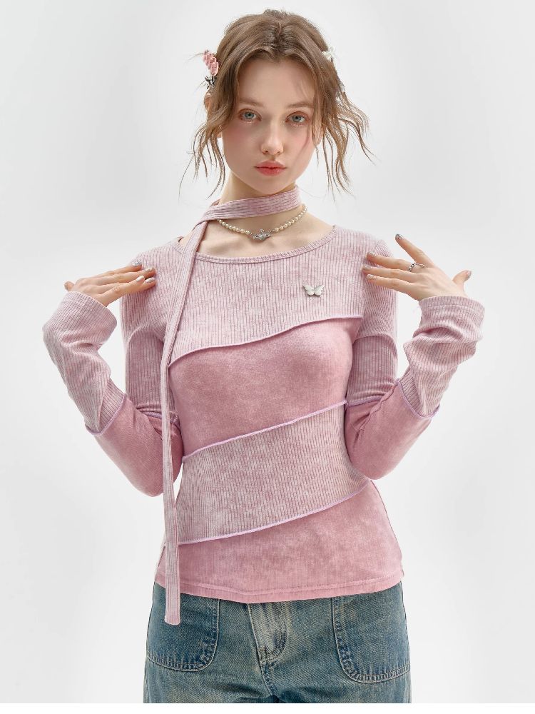 Splicing Collar Long Sleeve T-Shirt【s0000011518】