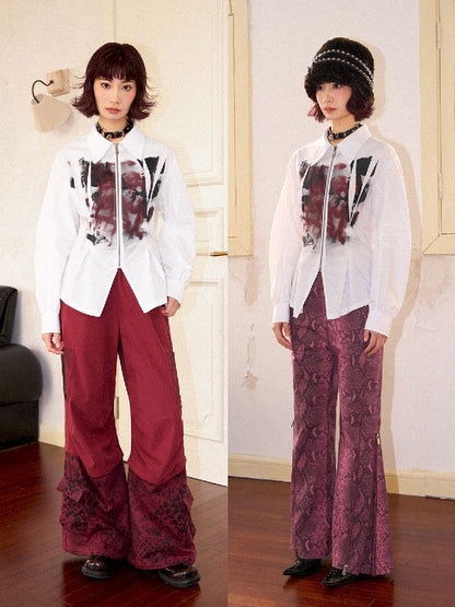 Drop Shoulder Waisted Printed Long Sleeve Shirt【s0000011641】