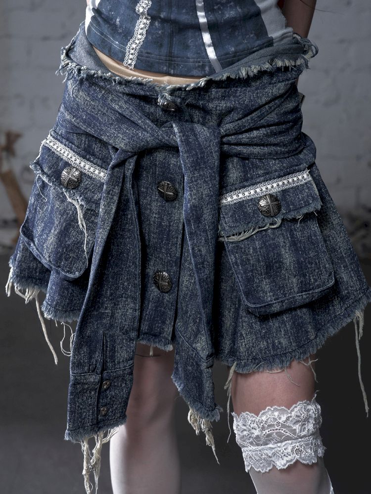 Hooded washed denim shirt dress skirt【s0000012784】