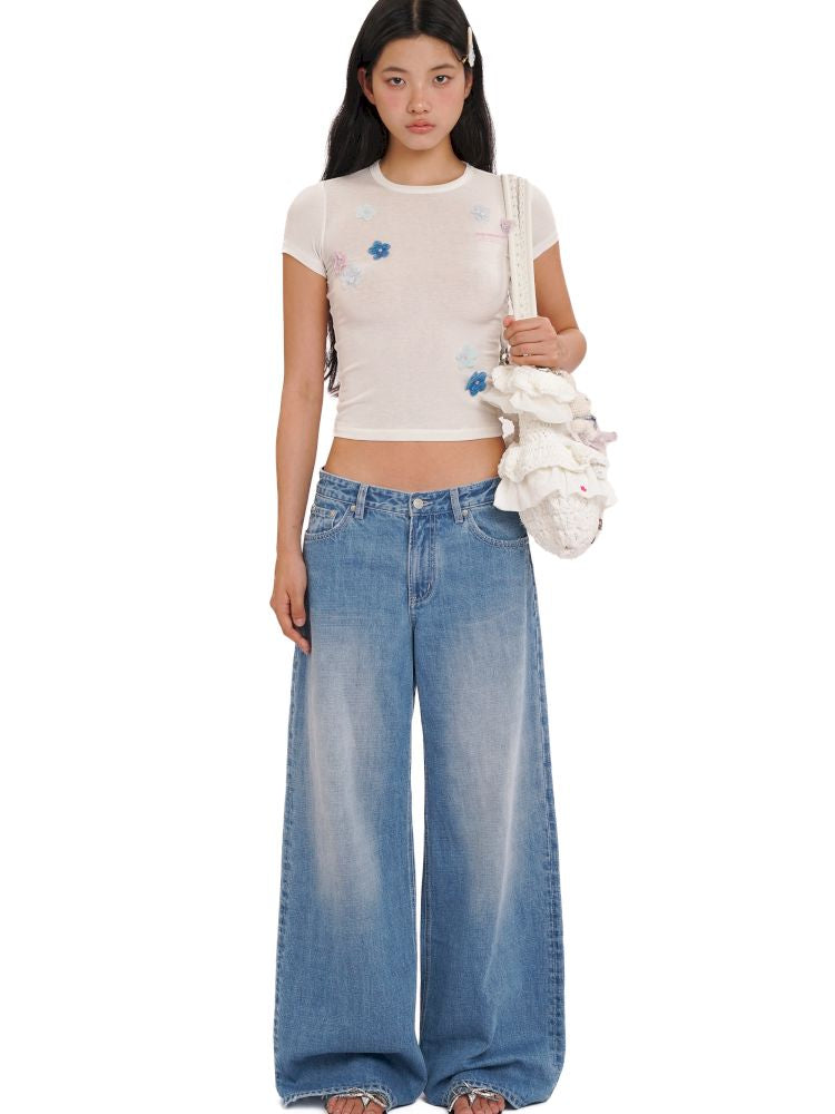 Irregular flowers Slim short-sleeved T-shirt【s0000013444】