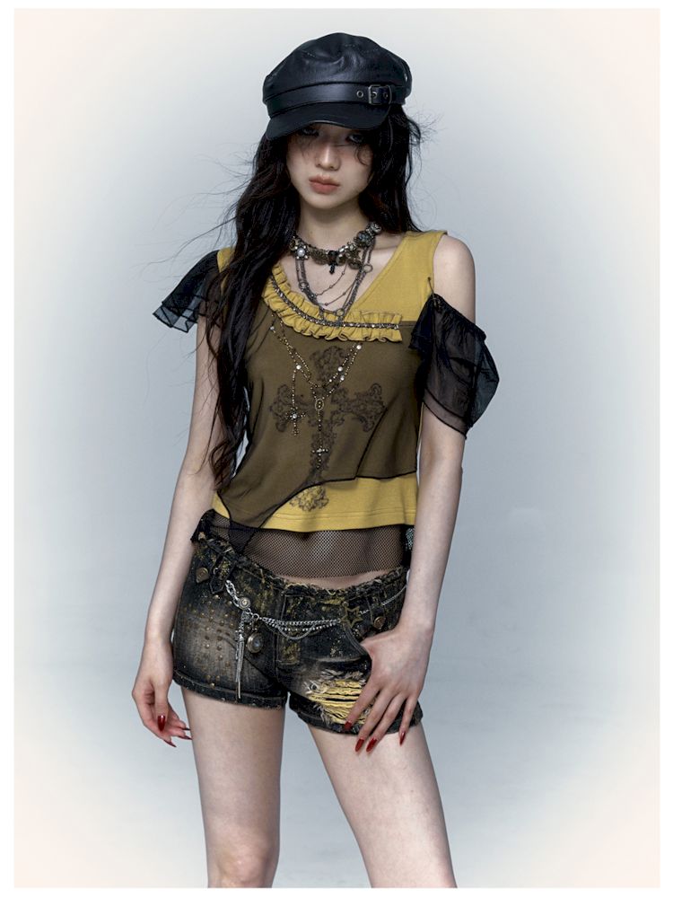 Asymmetric Spliced Mesh Rhinestone Printed Short Sleeve T-Shirt【s0000009002】