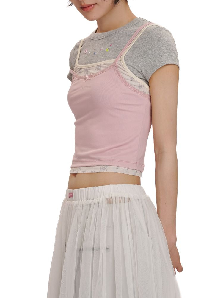 Lace satin bow short-sleeved T-shirt【s0000012504】