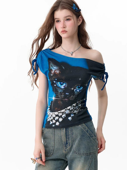 Vintage Cat Print Crossbody Short T【s0000017673】