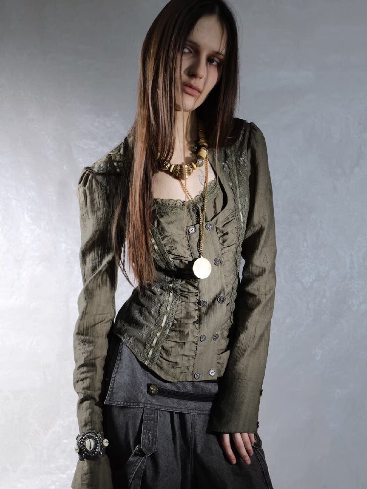 Vintage Lace Stitched Square Neck Shirt【s0000015910】