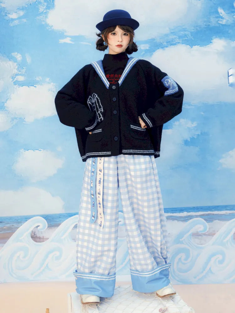 Contrasting Navy Collar Knit Cardigan【s0000014155】