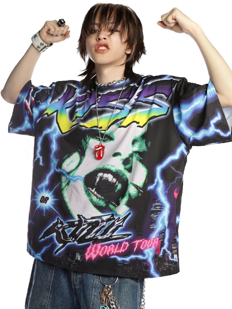 Dark Rock Lightning Print T-shirt【s0000015891】