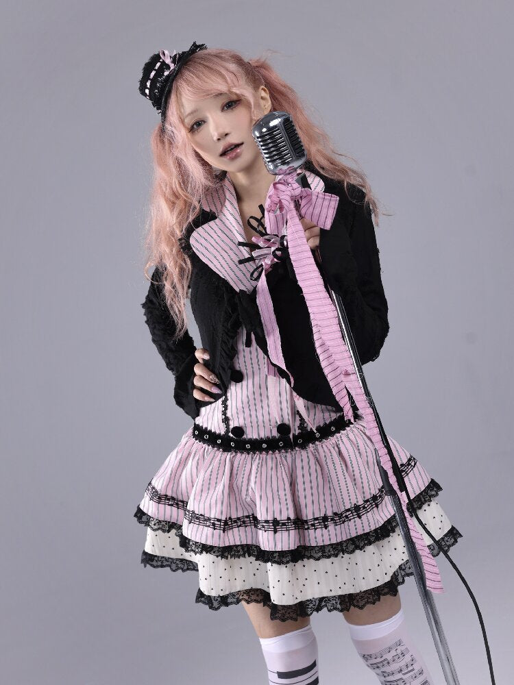 Striped Black Sweet Suit Collar Jsk【s0000016222】