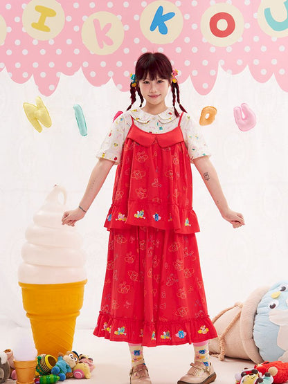 Animal Angel Heavy Embroidery Red Camisole Top【s0000013186】
