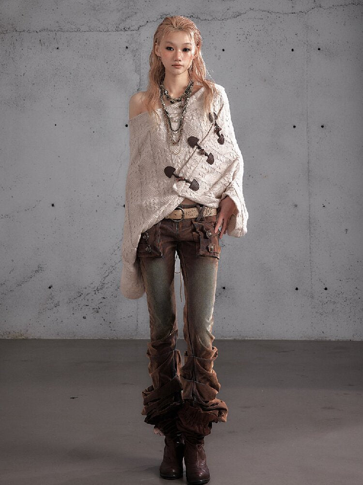 Distressed Pleated Low Rise Jeans【s0000019152】