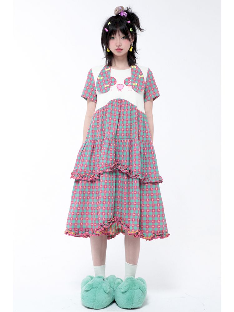 Ghost Horse Dog Plaid Short Sleeve Dress【s0000006565】