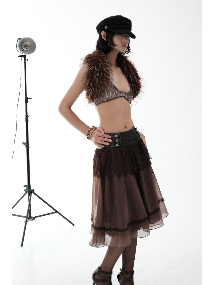 Vintage PU Leather Mesh Umbrella Skirt【s0000018474】