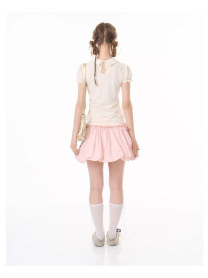 Puff Sleeve Bow Print T-Shirt【s0000016617】