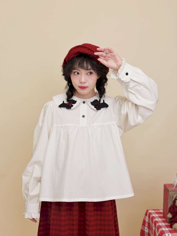 Puppy Bow Embroidery Lace Shirt【s0000015099】