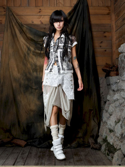 Patchwork Versatile Mesh Asymmetric Skirt【s0000013898】