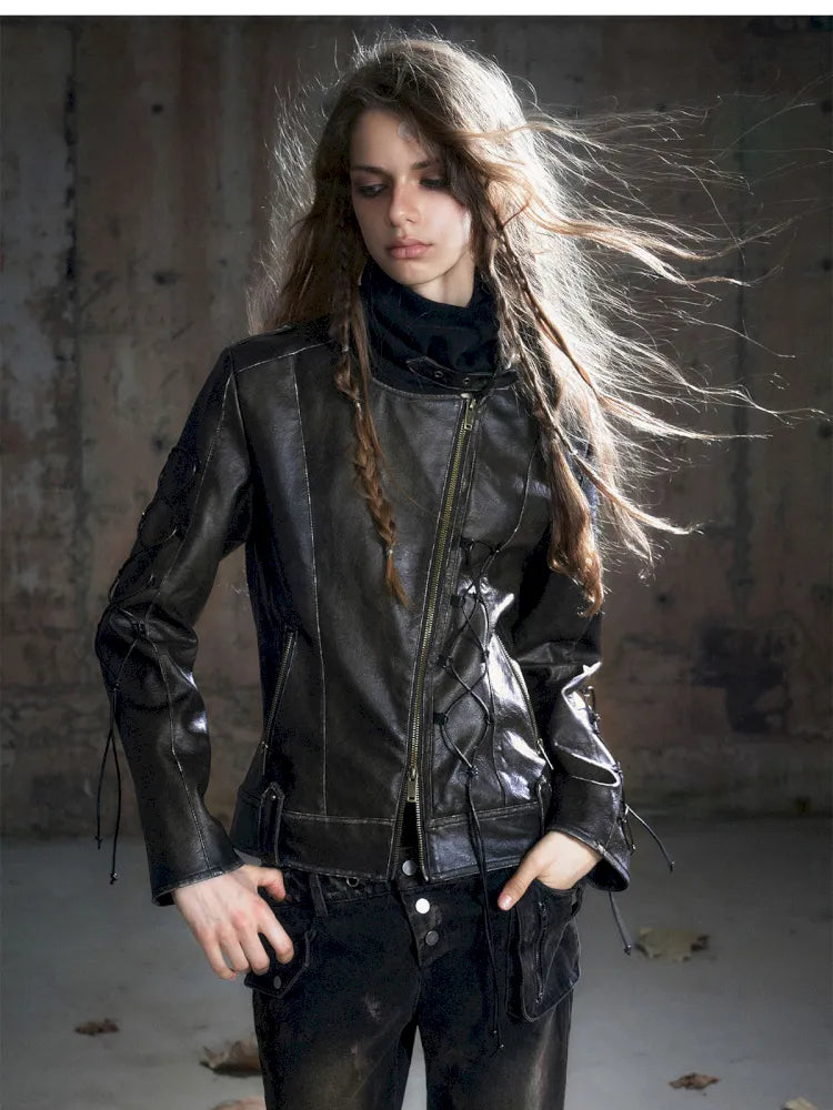 Strappy Slim-Fit Diagonal Zipper Coat【s0000013957】