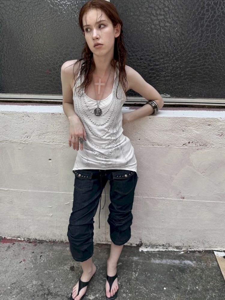 Irregular Print Metal Rivet Long Vest【s0000012830】