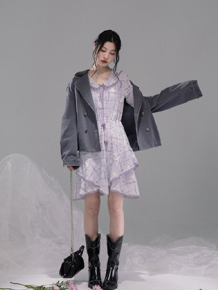 Ink Gray Leather Washed Denim Jacket【s0000015741】